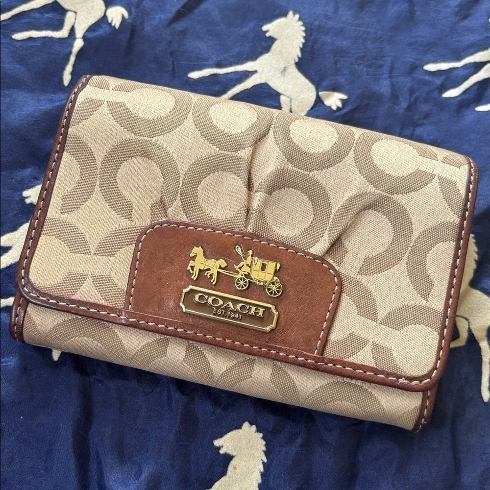 Coach Signature C Khaki Jacquard Canvas Brown Leather Trim Card Organizer Wallet